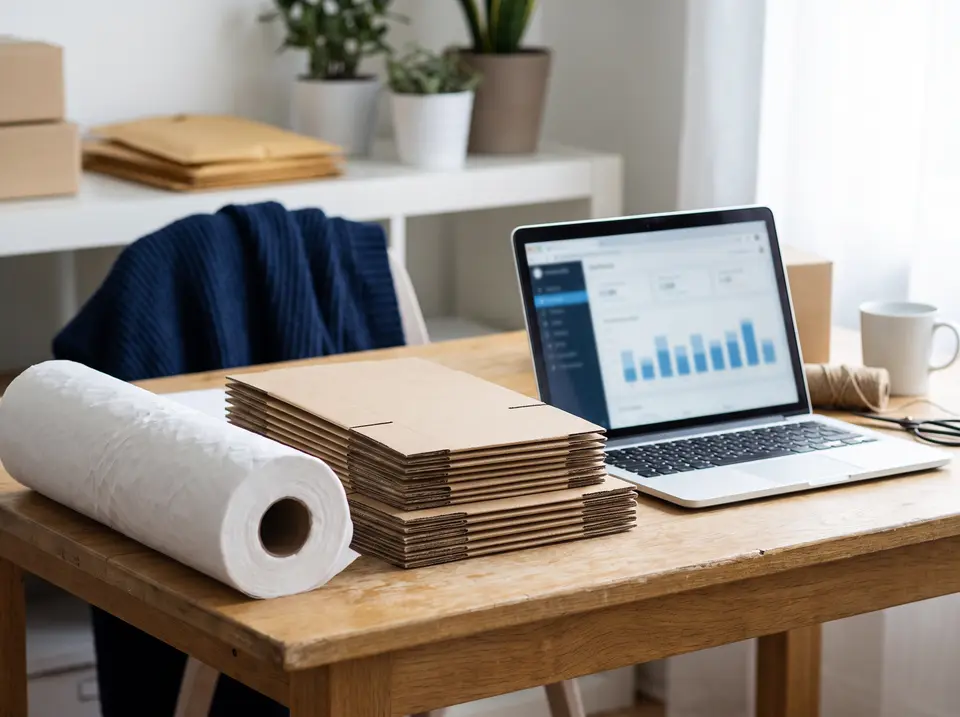E-commerce workspace with shipping boxes and a laptop showing a sales dashboard