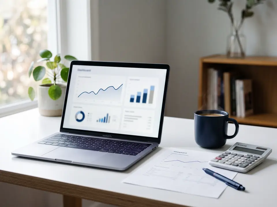 Desk with a laptop showing a financial dashboard, a printed report and a calculator