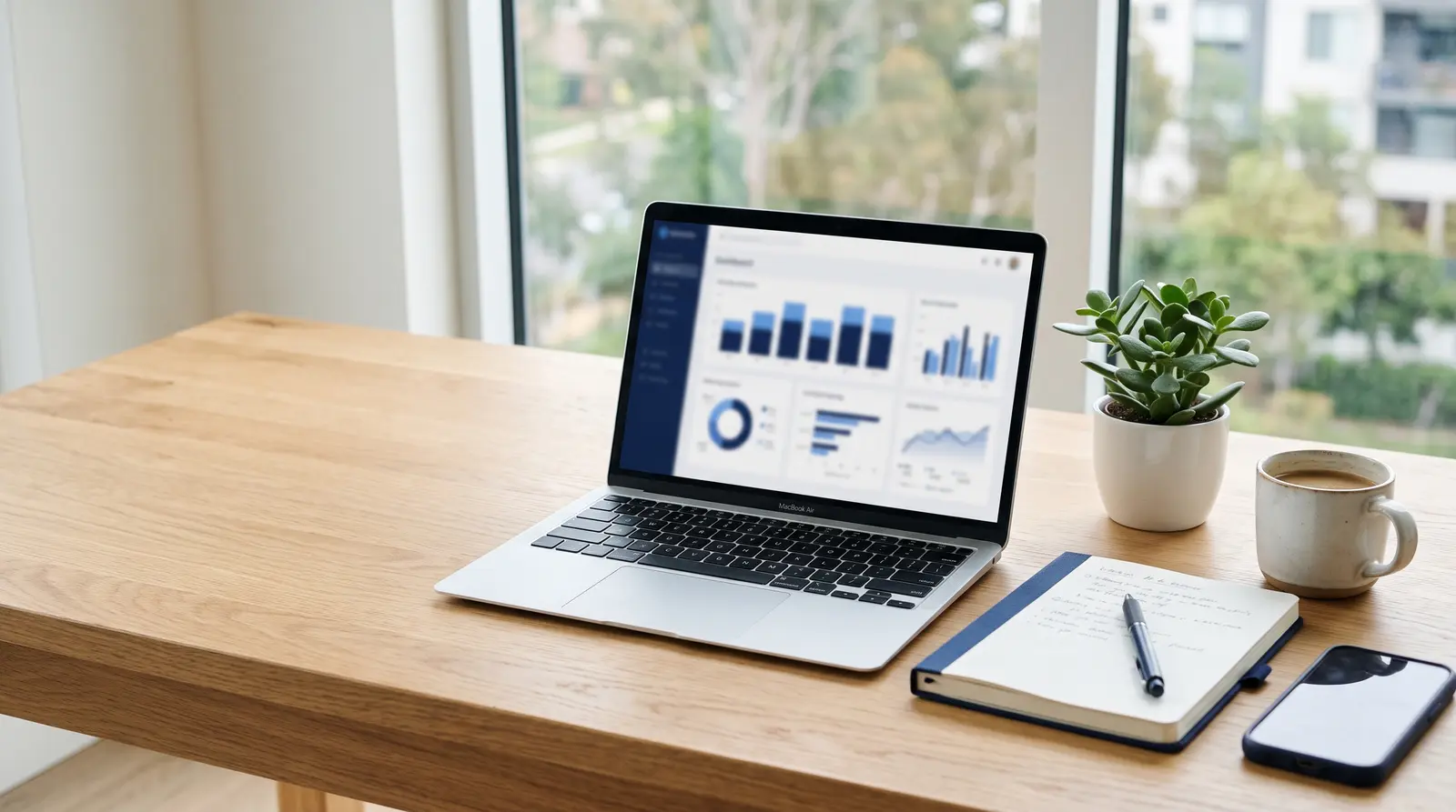 A tidy desk with a laptop showing a business dashboard, a notebook and a coffee